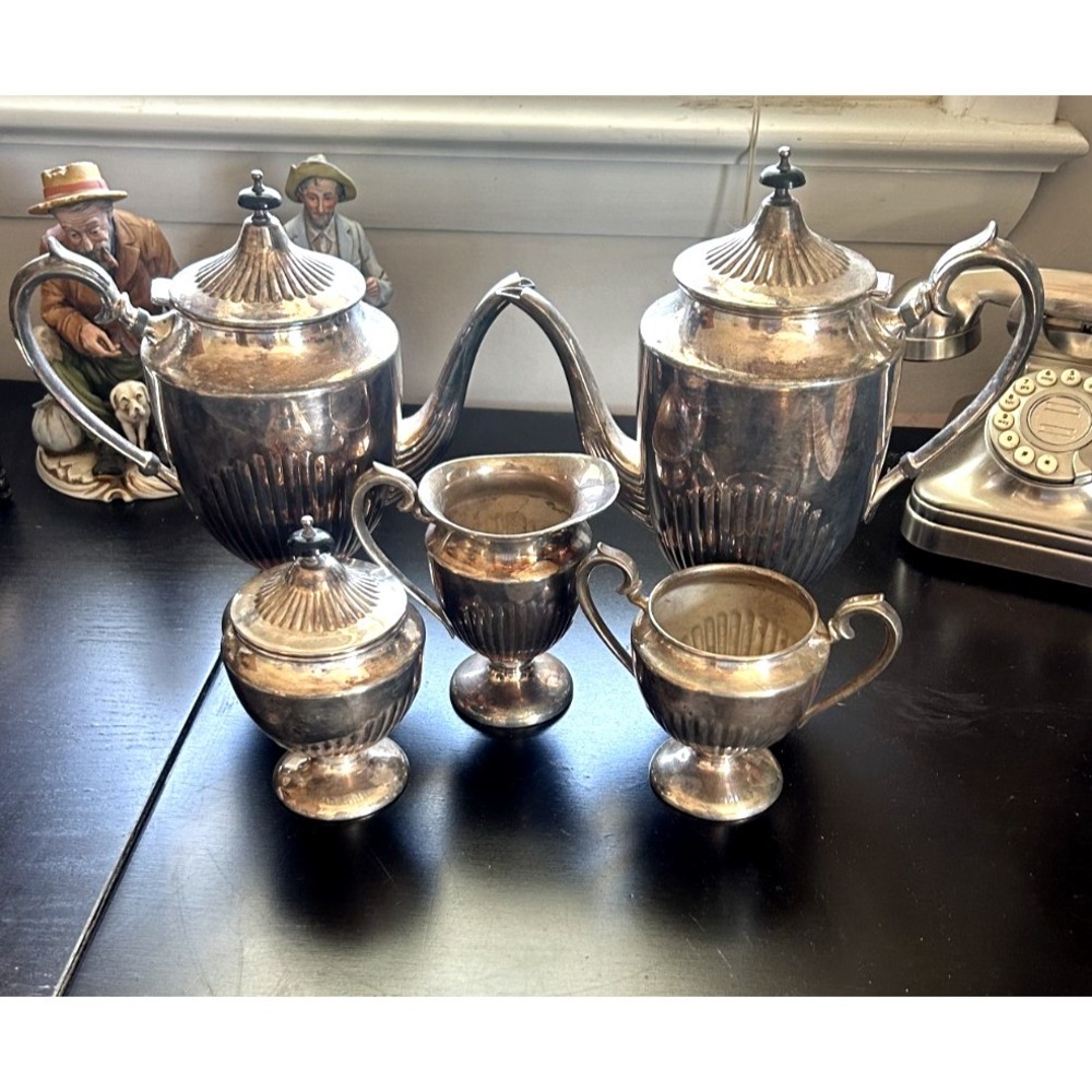 Vintage Rogers Silver on Copper Tea Set 5 Pc Coffee Tea Service Silverplate
